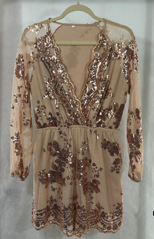 Elegant Champagne Gold Sequin Embroidered Romper – Sheer Long Sleeves