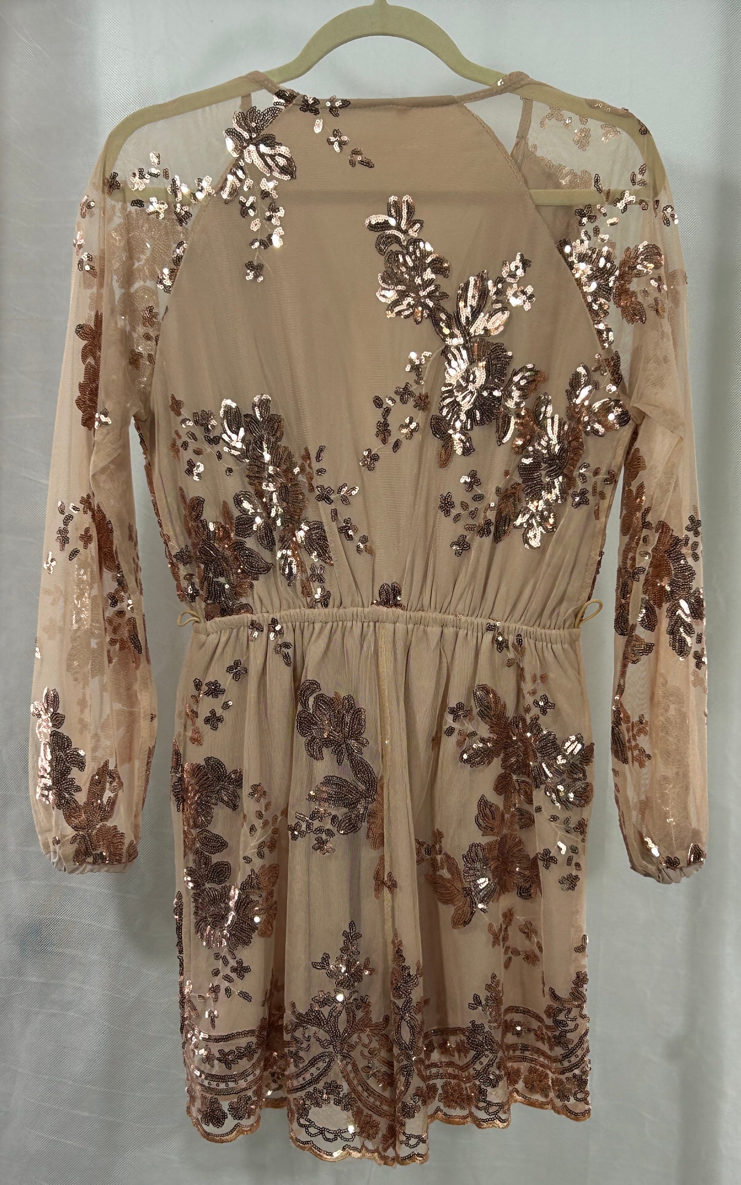 Elegant Champagne Gold Sequin Embroidered Romper – Sheer Long Sleeves