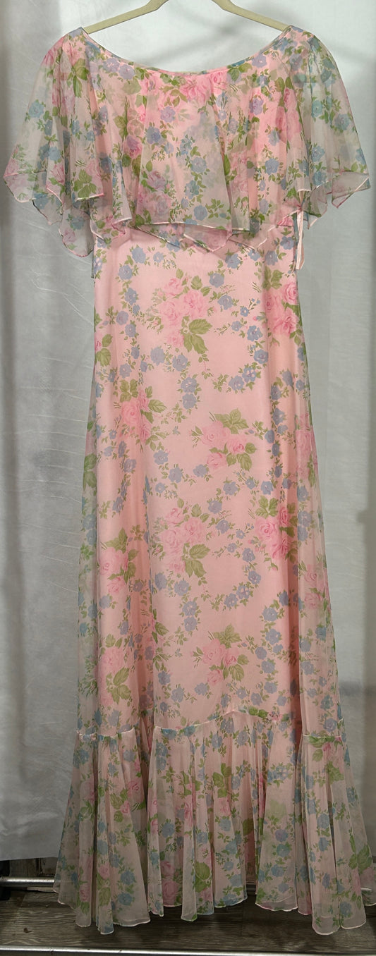 Vintage 1980s Pink Floral Ruffle Maxi Dress - Romantic Cottagecore Boho Gown