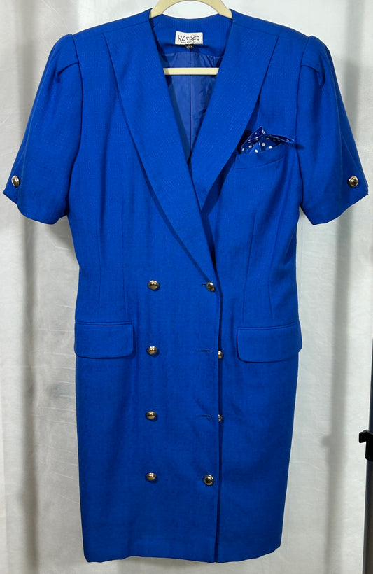 Vintage 80s Kasper for A.S.L. Royal Blue Double-Breasted Blazer Dress, Size 14