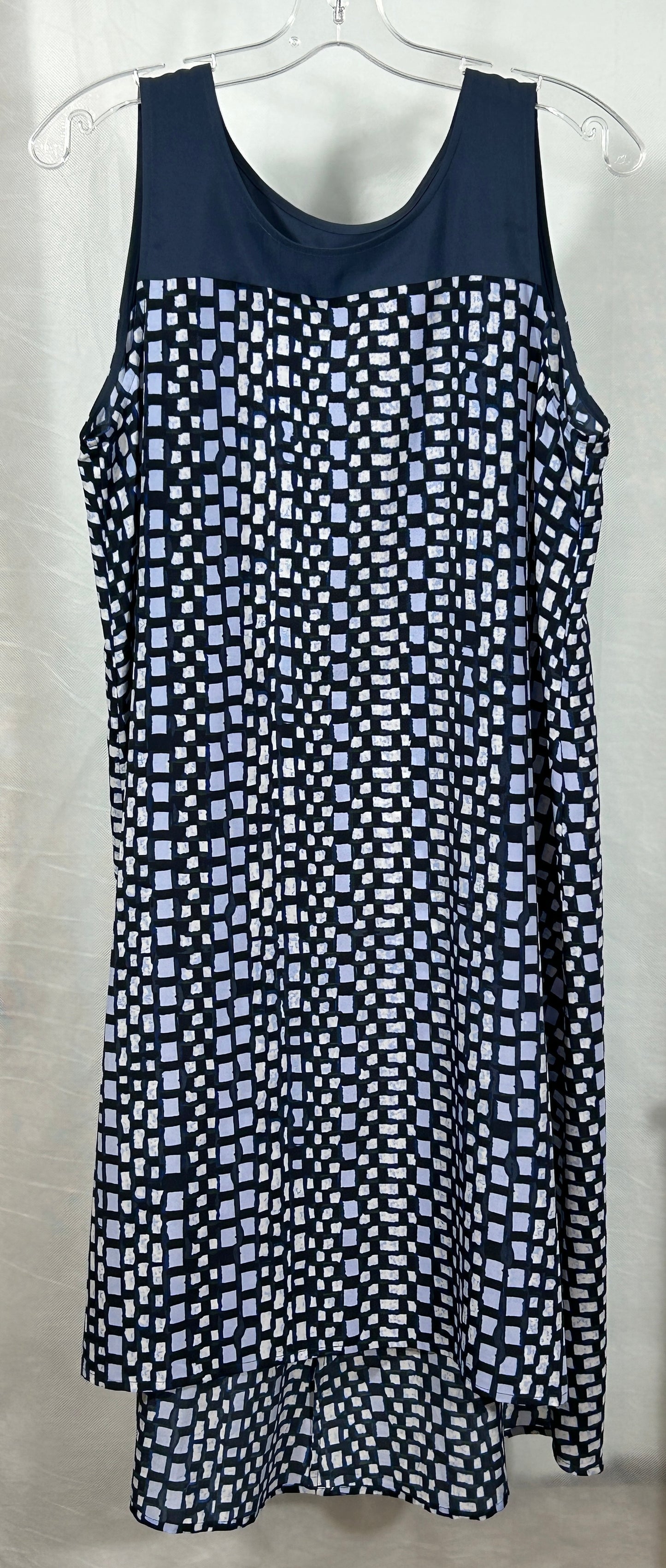 Women's Sleeveless Navy Blue & White Geometric Print Tunic Dress – Flowy Hi/Lo Hem