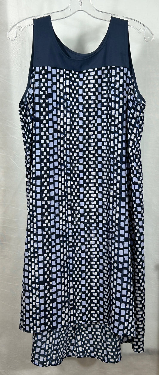 Women's Sleeveless Navy Blue & White Geometric Print Tunic Dress – Flowy Hi/Lo Hem