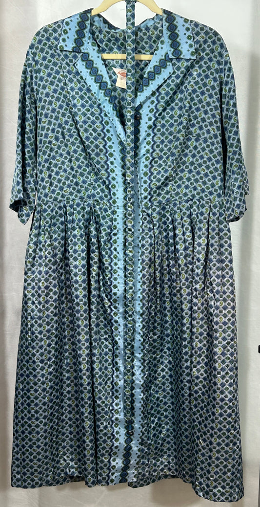 Vintage Kerrybrooke Sears 1960s Acetate House Dress – Geometric Paisley Print, Size 20.5