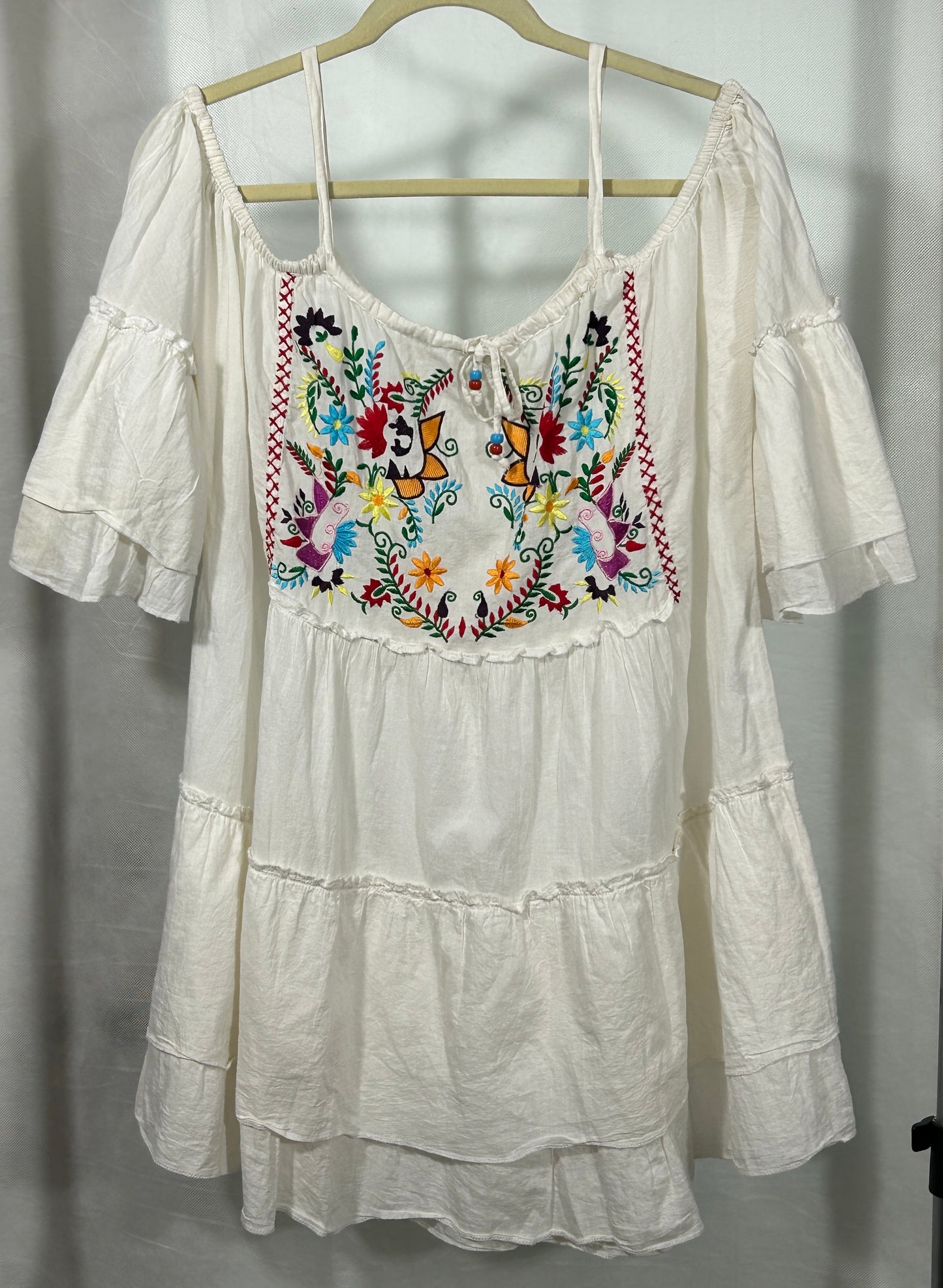 Boho Embroidered Off-Shoulder Peasant Blouse – White Cotton Festival Tunic Top Size XL