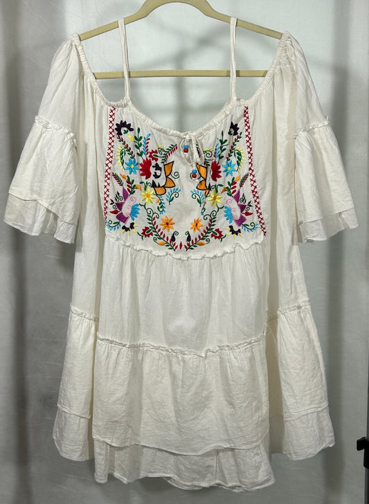 Boho Embroidered Off-Shoulder Peasant Blouse – White Cotton Festival Tunic Top Size XL