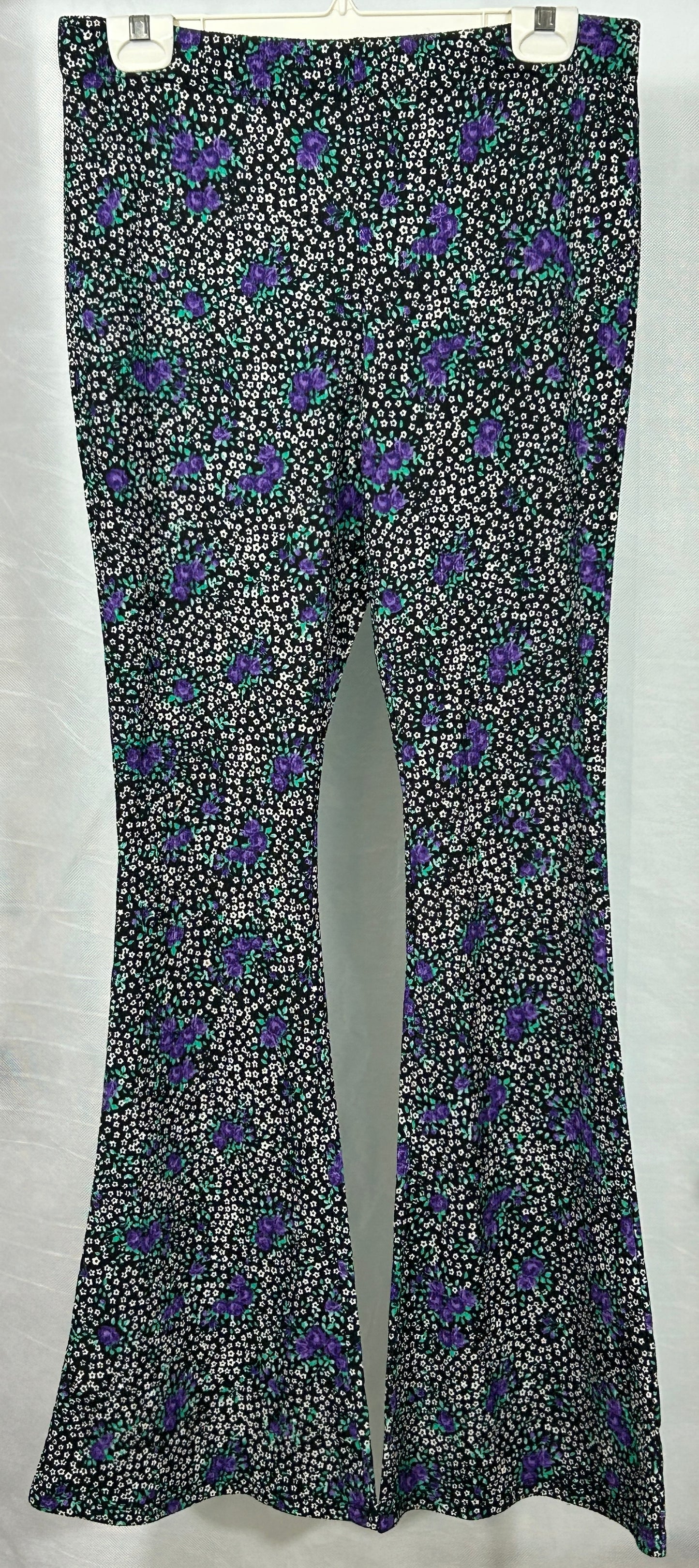 Topshop Black Floral Bell Bottom Pants US 10/UK 14 - Retro 70s Inspired Stretch Flare Trousers