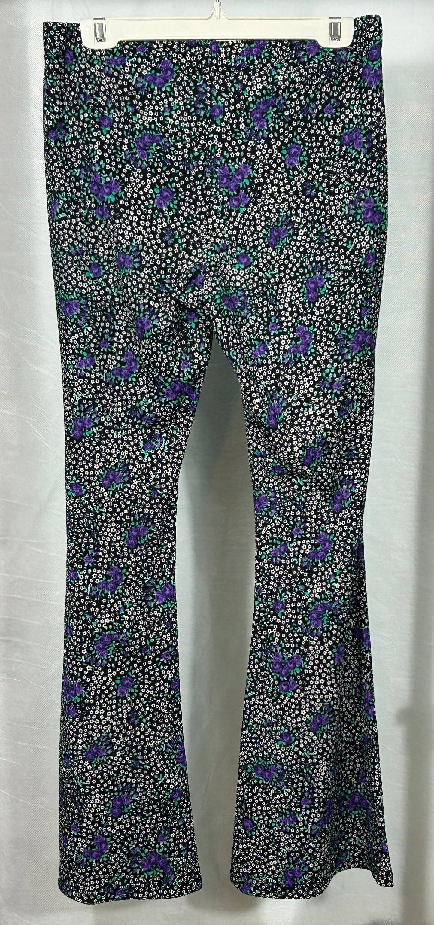 Topshop Black Floral Bell Bottom Pants US 10/UK 14 - Retro 70s Inspired Stretch Flare Trousers