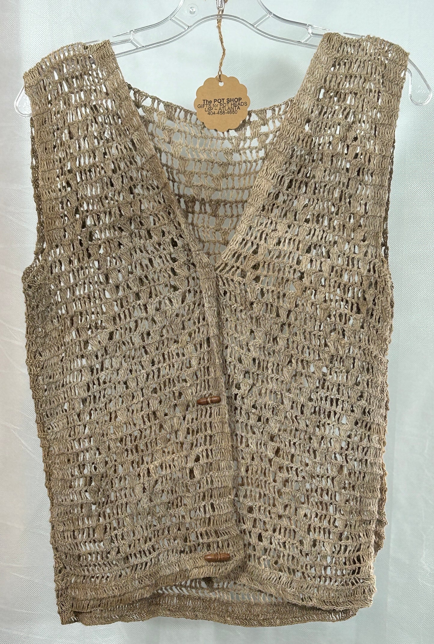 Handmade Natural Hemp Fiber Crochet Vest with Wooden Toggle Closures – Boho Festival Style Size S/M