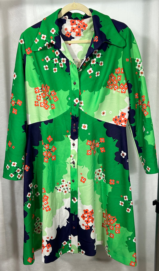 1970s Bright Green Floral Print Shirt Dress – Fortrel Polyester – Vintage Mod Fashion Size XL