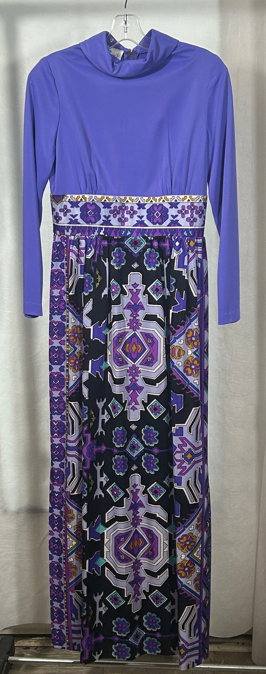 Vintage 1970s Sue Brett Maxi Dress – Purple Geometric Print, Mod Boho Style; Size L/XL