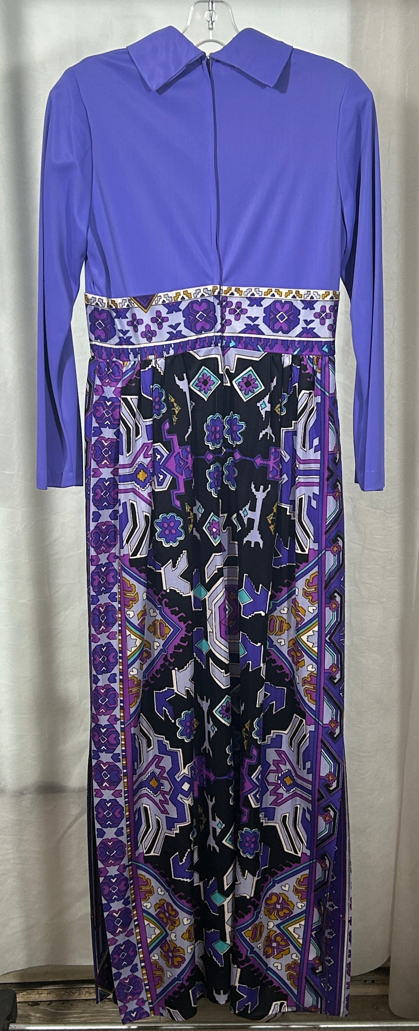 Vintage 1970s Sue Brett Maxi Dress – Purple Geometric Print, Mod Boho Style; Size L/XL