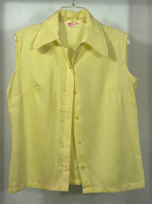 Vintage Laura Mae LifePress Sleeveless Button-Up Blouse - Lemon Yellow - Retro 70s Workwear Size L/XL