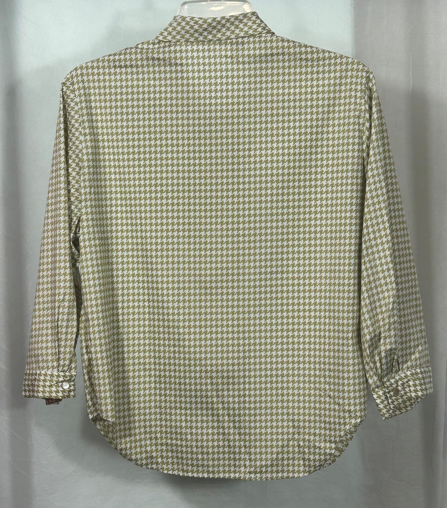 Vintage Majestic Olive Green Houndstooth Blouse with Bow Tie Collar – Size 16