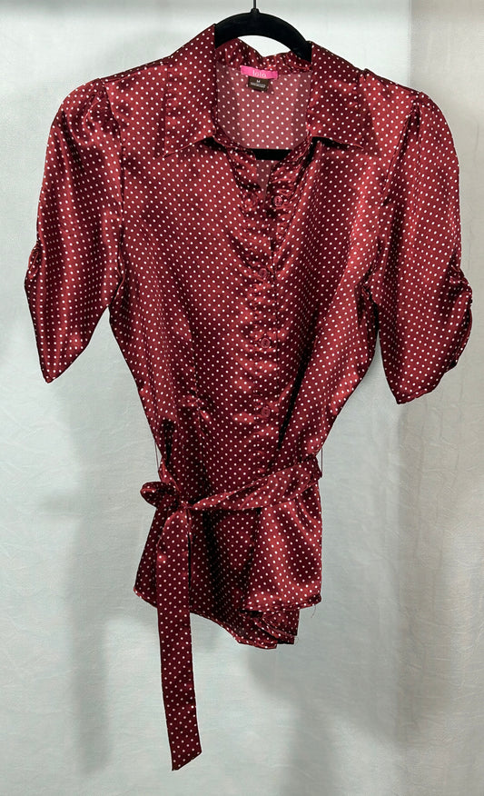 Vintage Burgundy Satin Polka Dot Blouse – Lola | Size M | Short Puff Sleeve Button-Up with Tie Waist