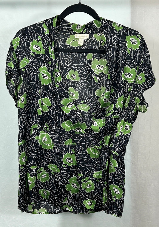 Vintage Charter Club 100% Silk Wrap Blouse – Black & Green Floral Print, Size 12