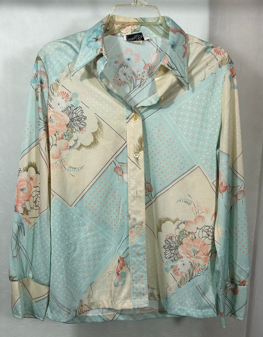 Fountain Square Vintage Pastel Floral Print Blouse – 1980s Button-Up Shirt – Women's Long Sleeve Retro Top, Size S/M