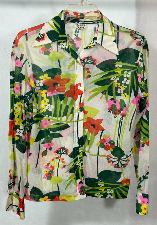 Vintage Glen Harbour Sheer Nylon Blouse - Tropical Floral Print - Size M