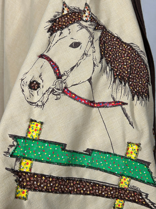 Vintage 1970s Western Horse Embroidered Wrap Skirt – Size Small | Handmade Appliqué & Stitching | Rustic Equestrian Style