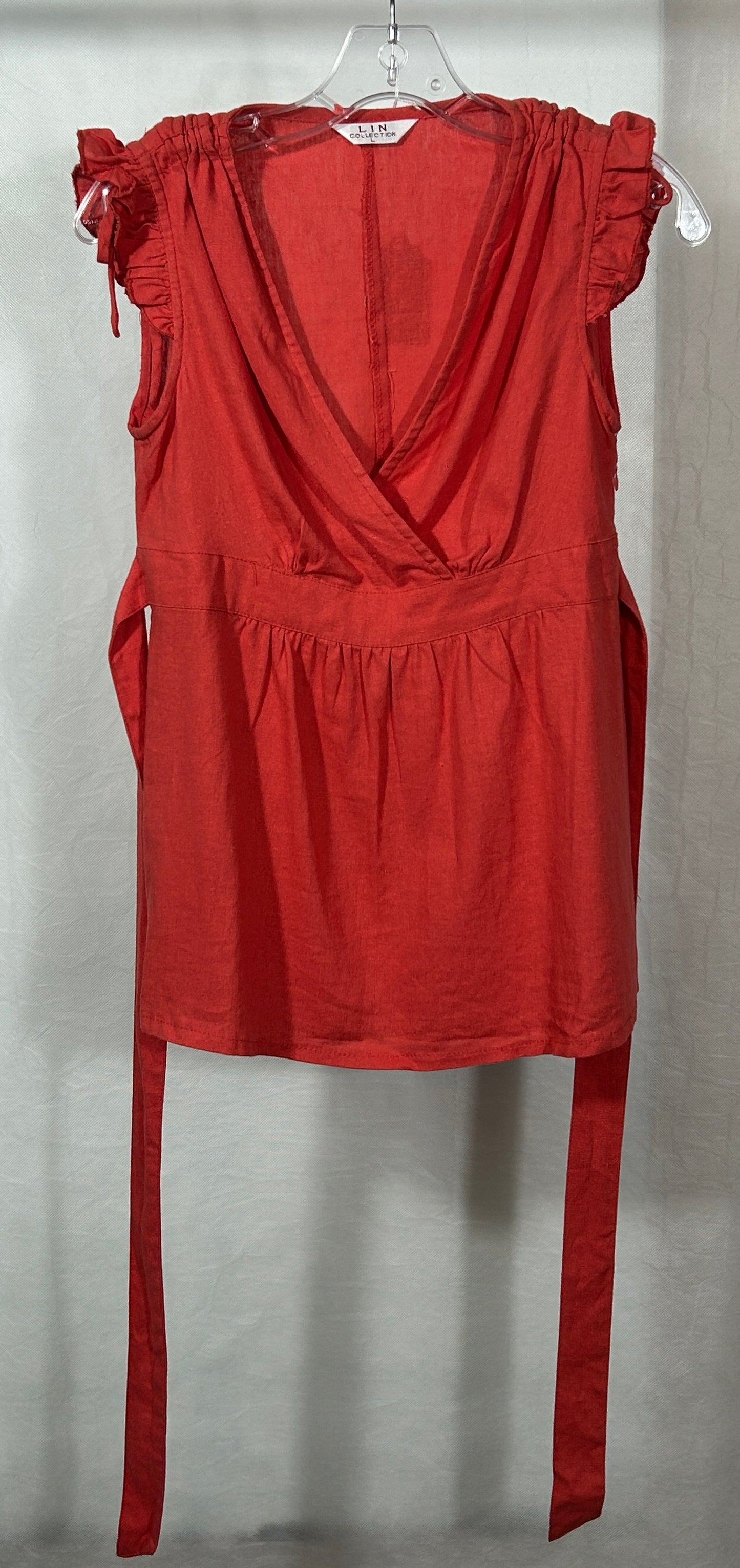 Vintage LIN Collection Red Hemp/Cotton Blend Sleeveless Wrap Blouse – Ruffled Shoulder Detail, Size L