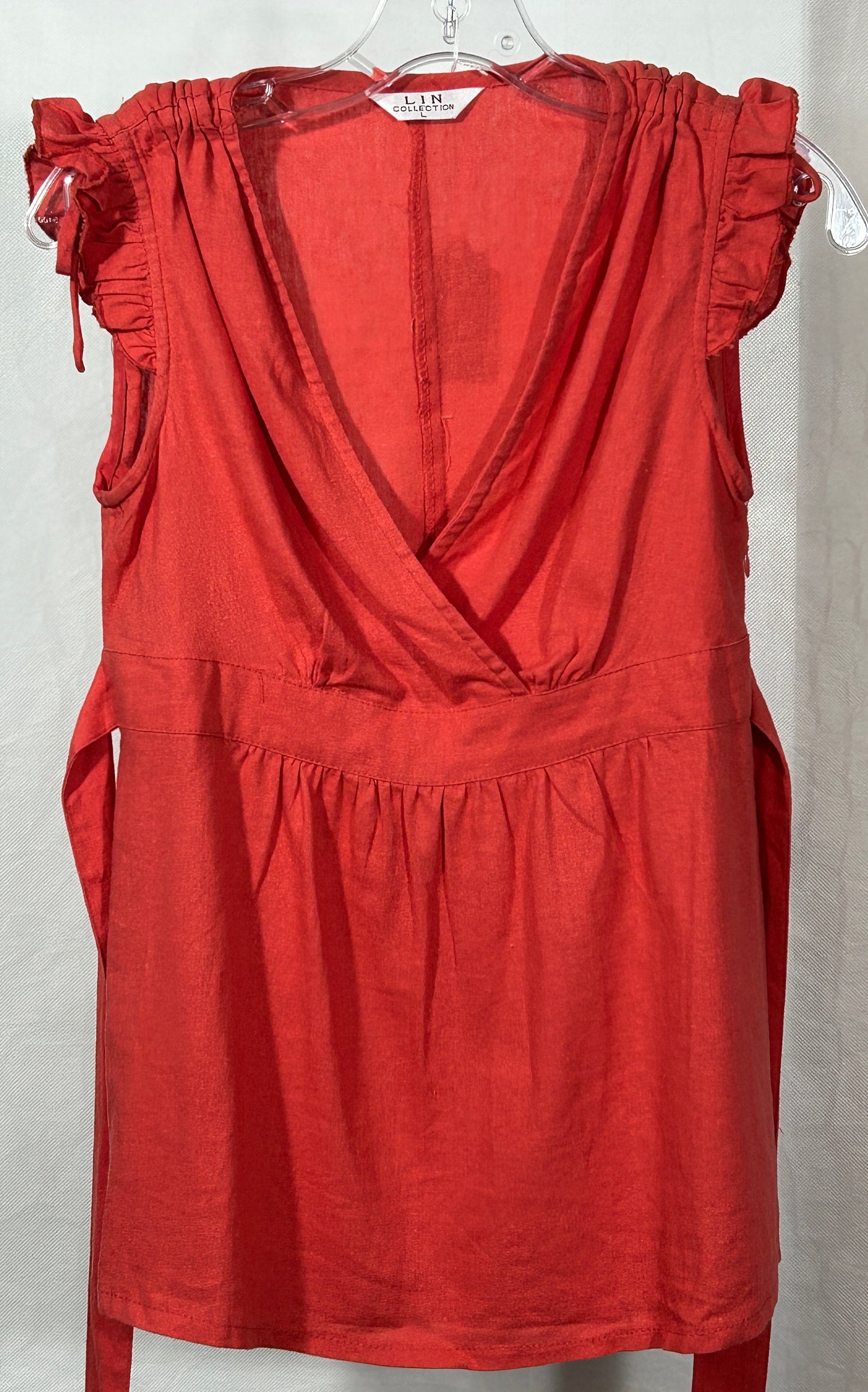 Vintage LIN Collection Red Hemp/Cotton Blend Sleeveless Wrap Blouse – Ruffled Shoulder Detail, Size L