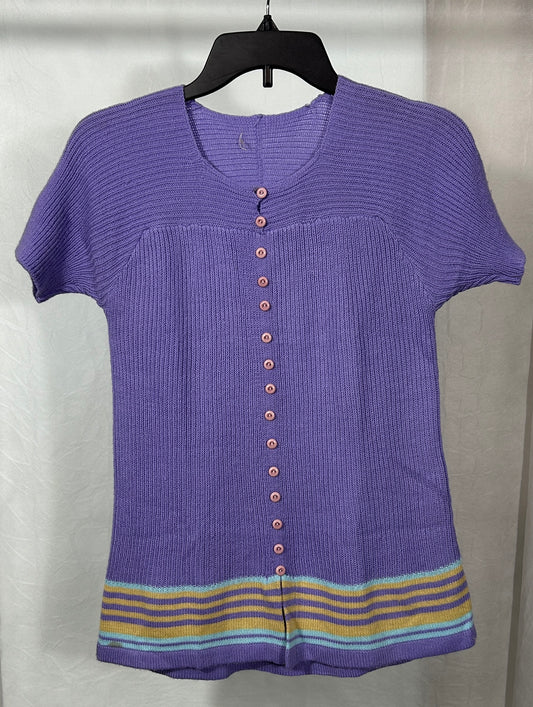 Vintage Lavender Knit Button-Front Top – Short Sleeve Striped Hem Sweater Tee | Size Small