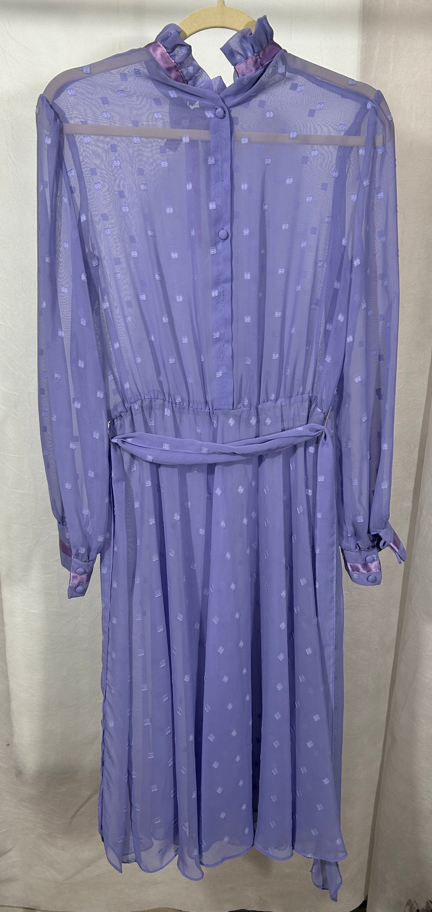 Vintage Jeri New York Sheer Lavender High-Neck Dress with Satin Accents – 1970s Romantic Retro