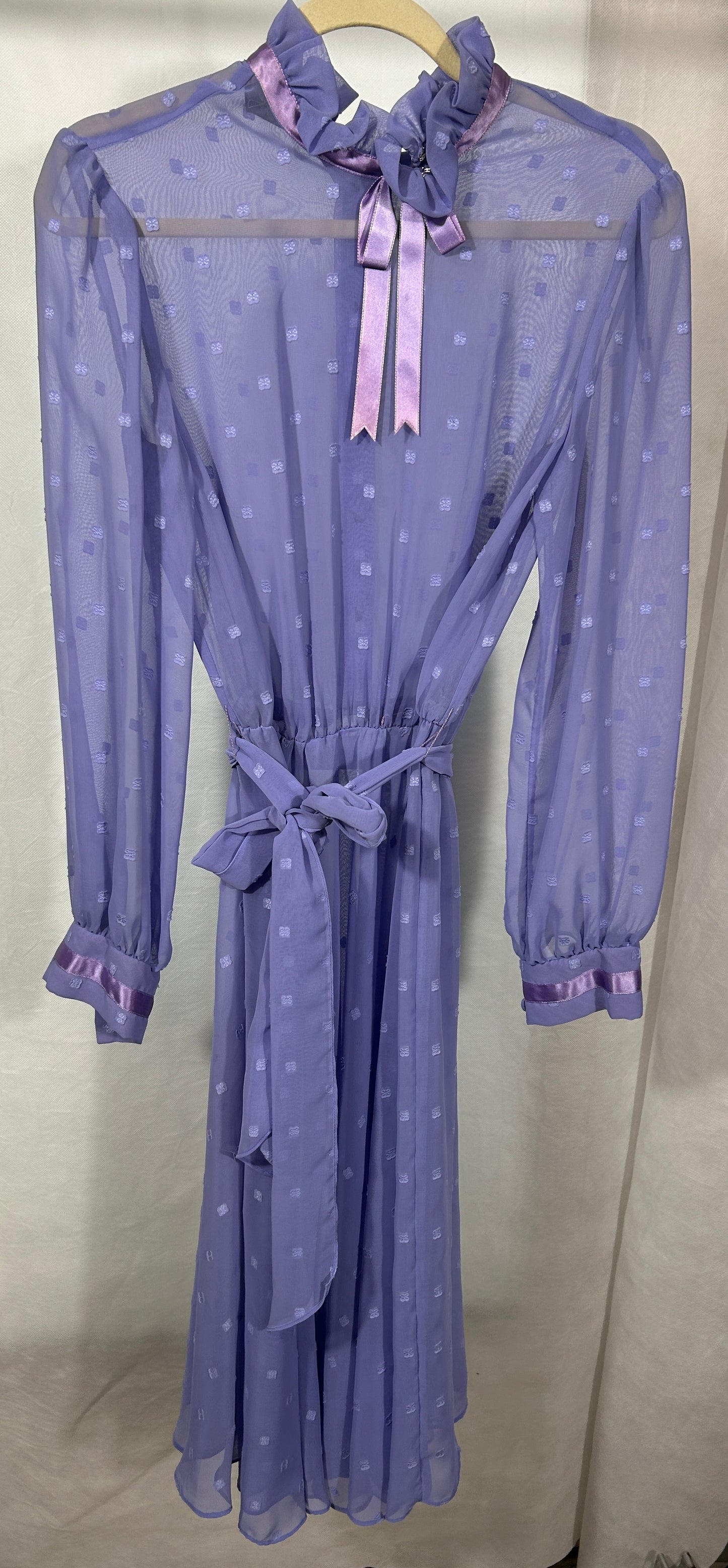 Vintage Jeri New York Sheer Lavender High-Neck Dress with Satin Accents – 1970s Romantic Retro