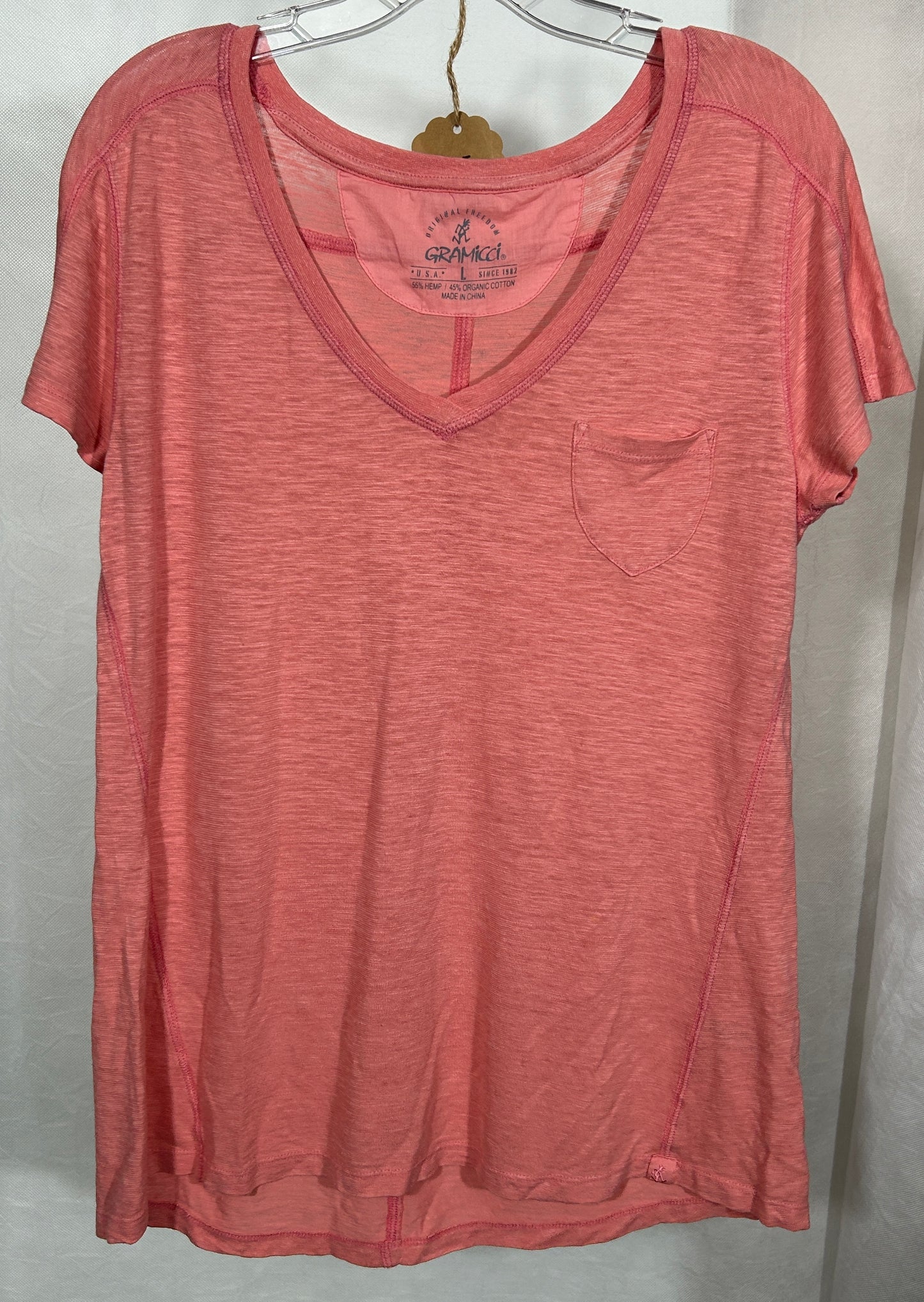 Gramicci Women's Hemp-Blend V-Neck Tee Shirt, Coral Pink, Size L – Organic Cotton, Outdoor Style