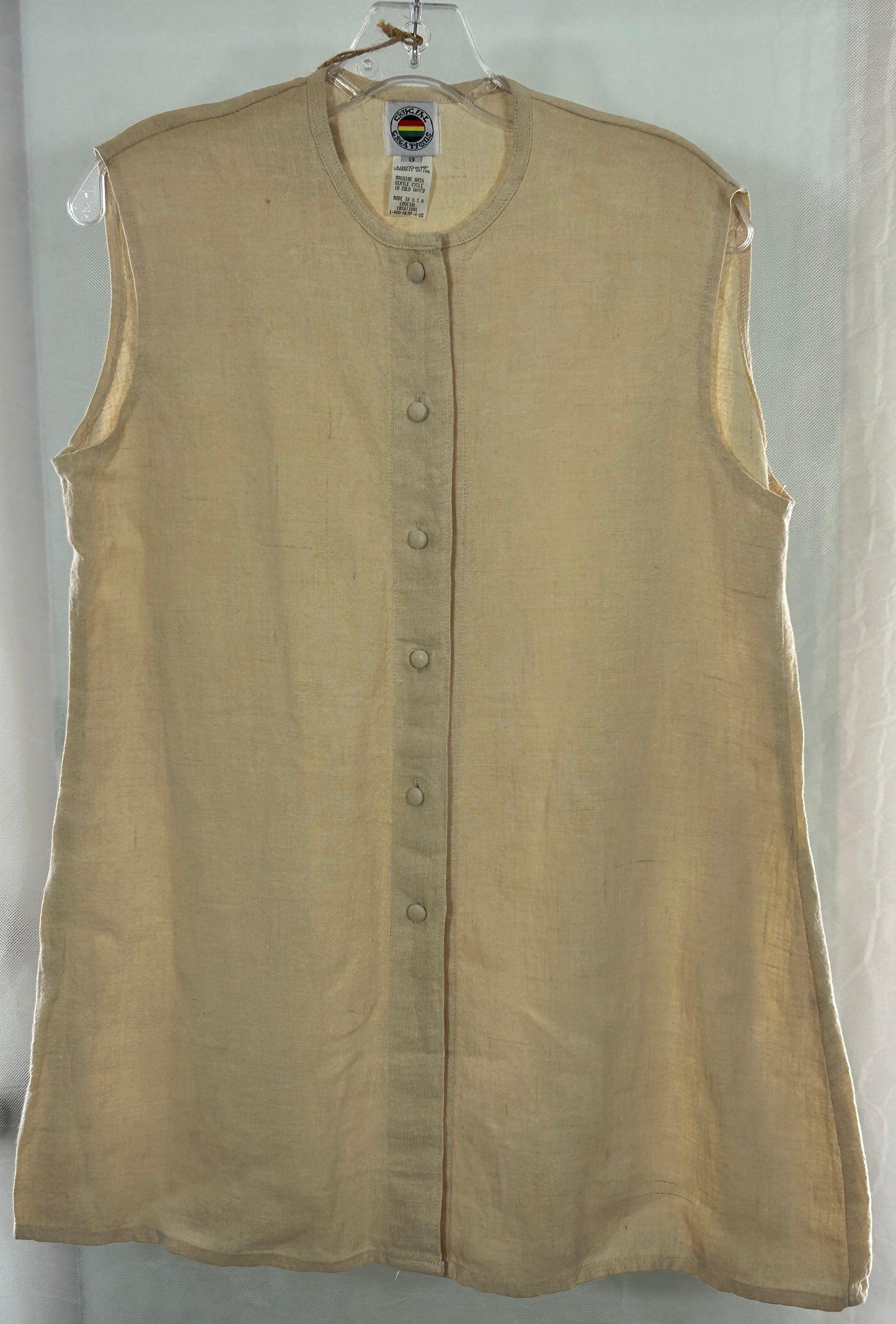 Crucial Creations 100% Hemp Sleeveless Button-Front Tunic Vest - Size Small - Made in USA