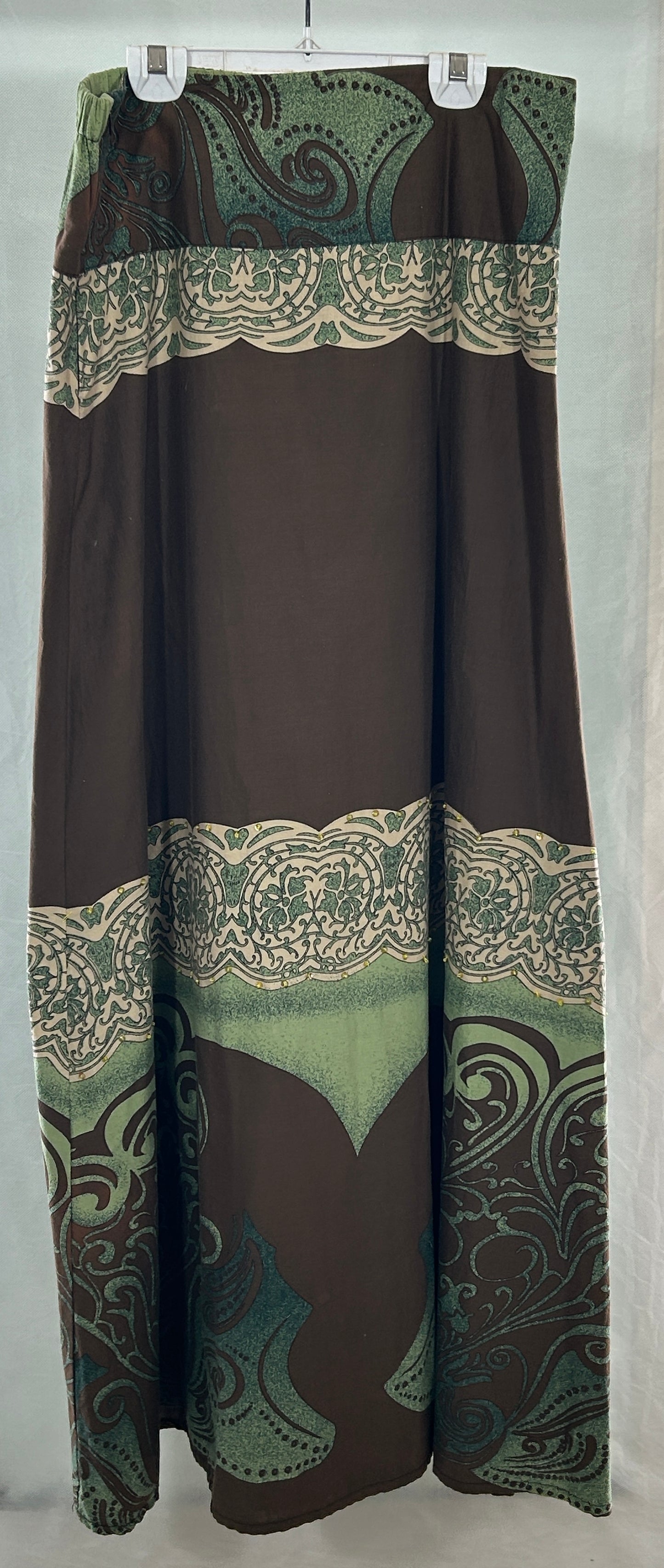 Vintage Boho Maxi Skirt - Brown & Green Paisley Print with Rhinestone Accents, Side Zip Closure | Size Medium