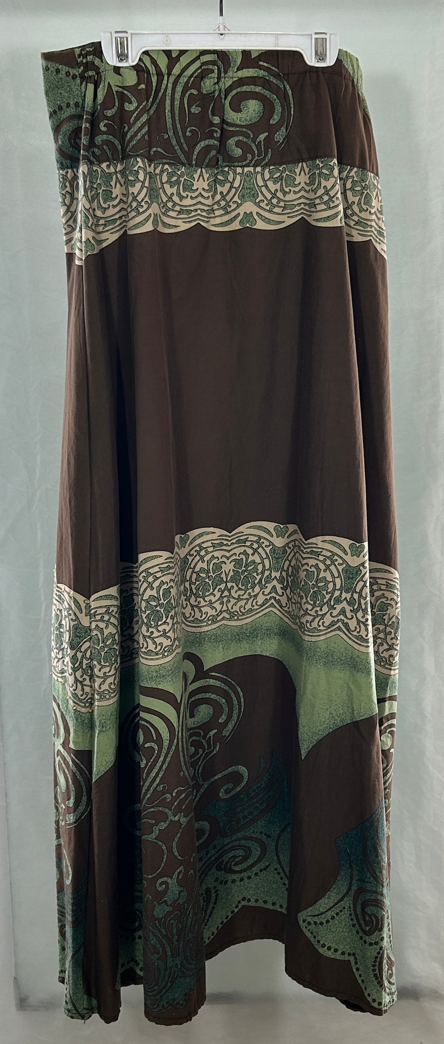 Vintage Boho Maxi Skirt - Brown & Green Paisley Print with Rhinestone Accents, Side Zip Closure | Size Medium
