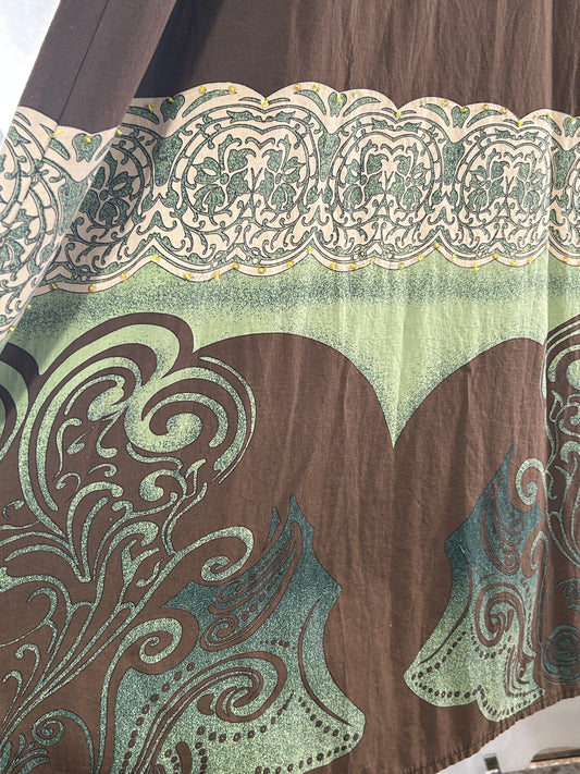 Vintage Boho Maxi Skirt - Brown & Green Paisley Print with Rhinestone Accents, Side Zip Closure | Size Medium