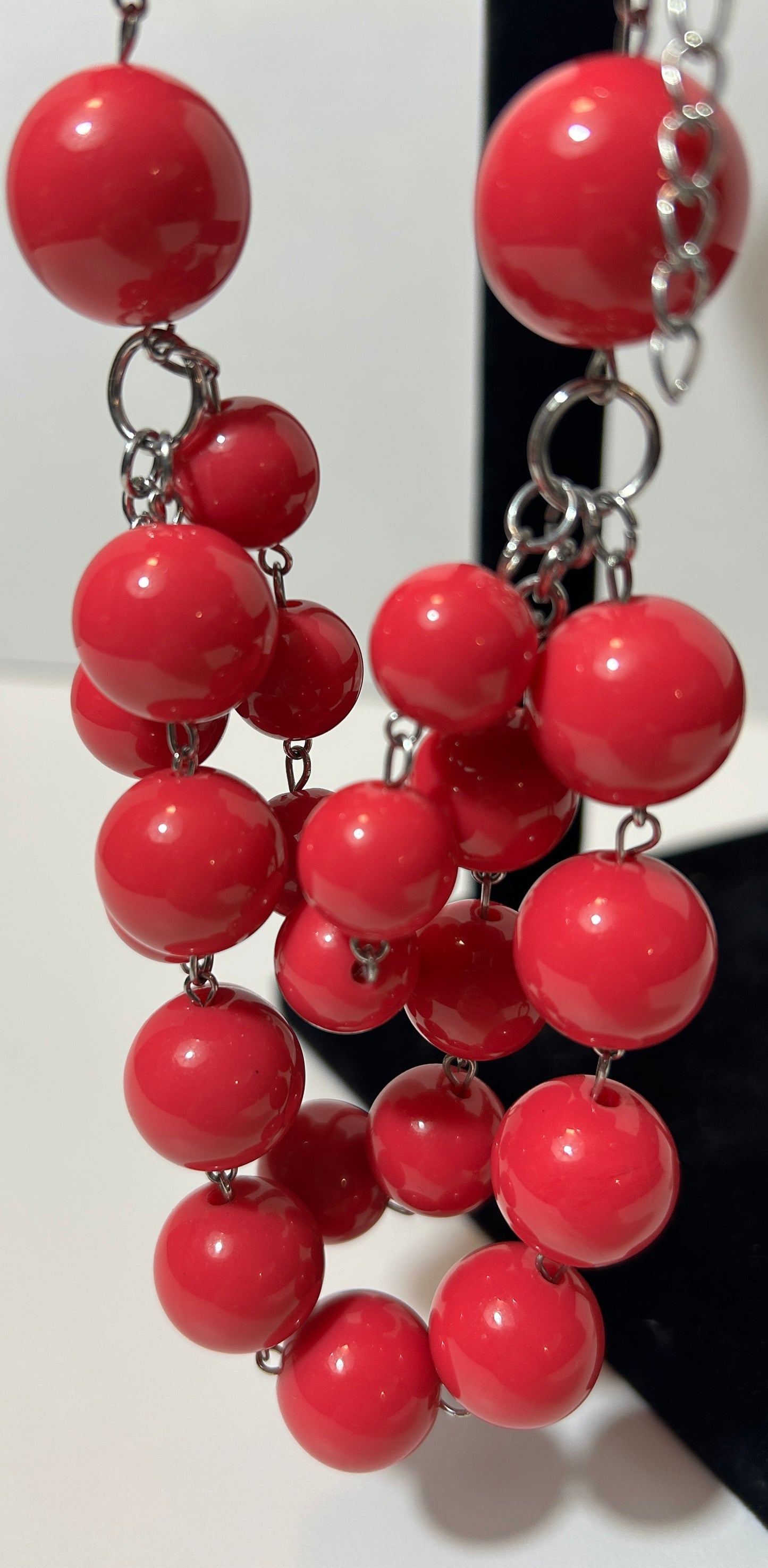 Bold Red Beaded Statement Necklace – Multi-Strand Bubble Bib Design with Silver-Tone Chain