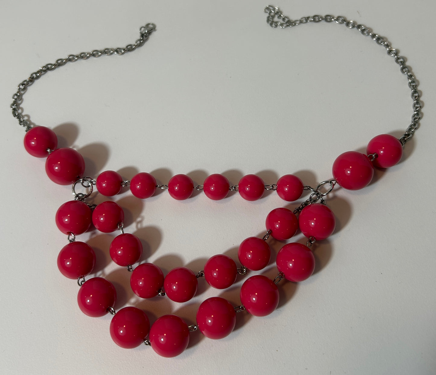 Bold Red Beaded Statement Necklace – Multi-Strand Bubble Bib Design with Silver-Tone Chain