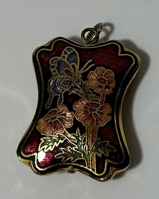 Vintage 1980s Cloisonné Butterfly Pendant - Art Nouveau Style Gold Tone Reno Enamel