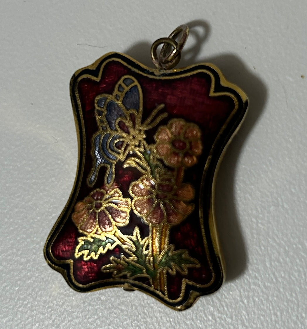 Vintage 1980s Cloisonné Butterfly Pendant - Art Nouveau Style Gold Tone Reno Enamel