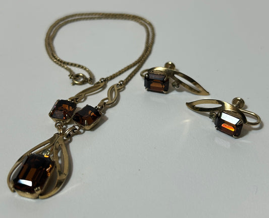 Vintage 1950s-60s Van Dell 12K Gold-Filled Necklace & Screw-Back Earring Set with Emerald-Cut Glass Topaz and Peridot Rhinestones