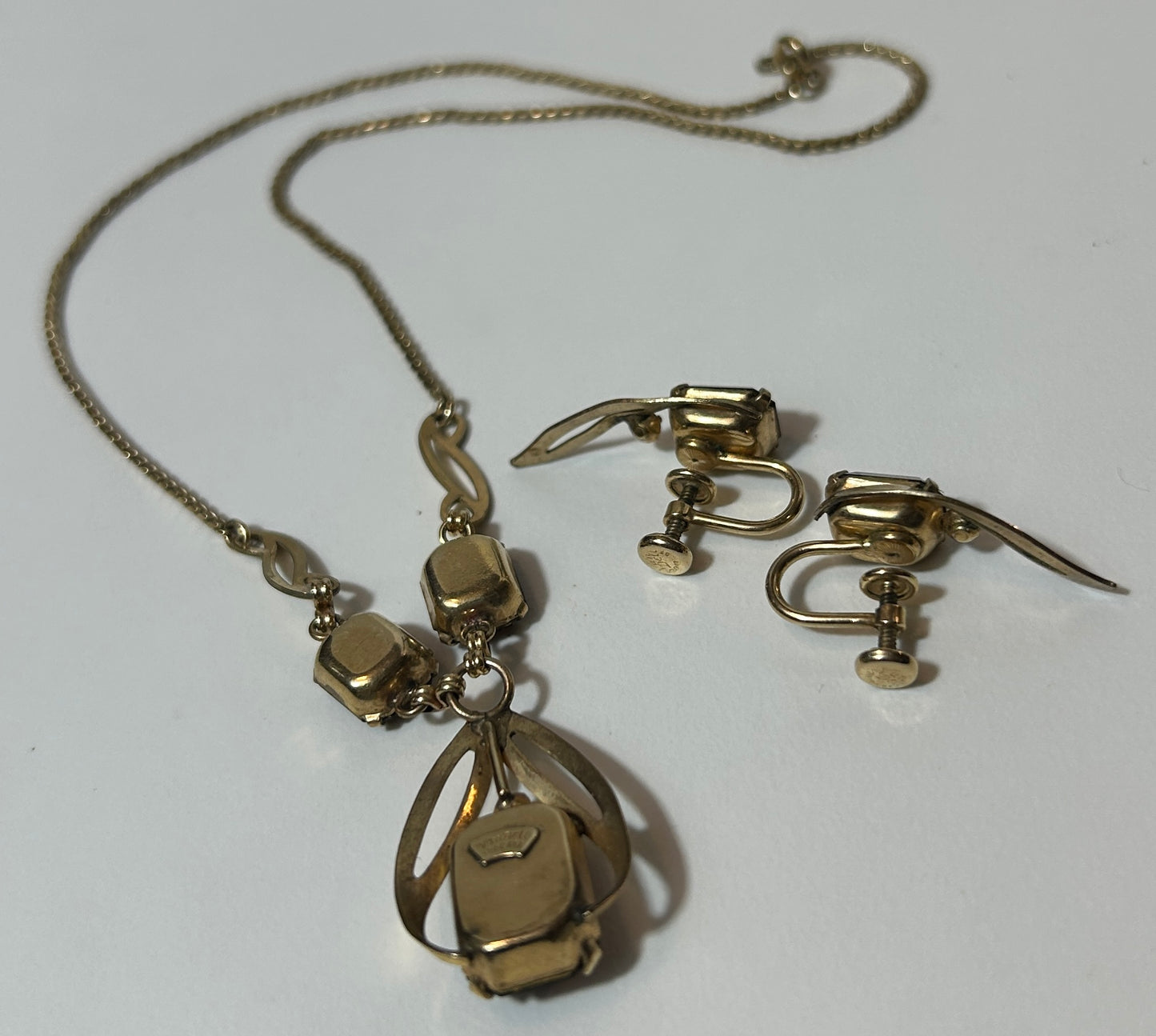 Vintage 1950s-60s Van Dell 12K Gold-Filled Necklace & Screw-Back Earring Set with Emerald-Cut Glass Topaz and Peridot Rhinestones