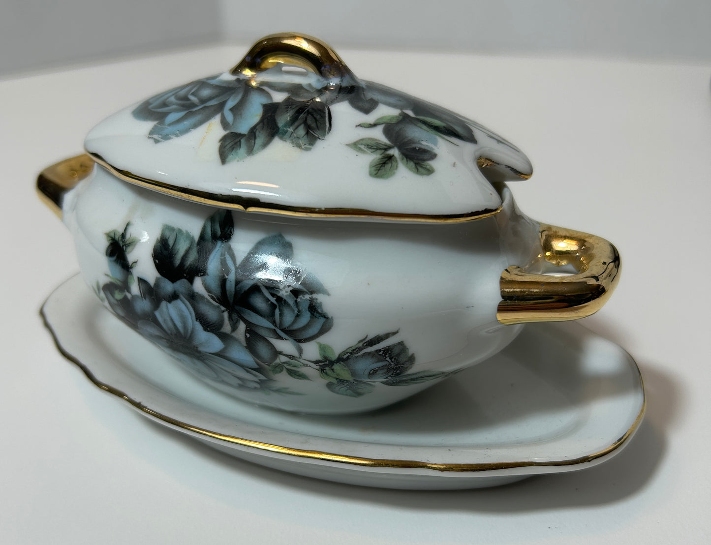 Vintage Bavaria Black Rose Miniature Tureen with Lid and Underplate – Gold Trimmed Porcelain Floral Dish