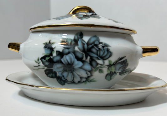 Vintage Bavaria Black Rose Miniature Tureen with Lid and Underplate – Gold Trimmed Porcelain Floral Dish