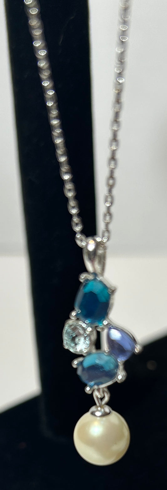 Silver-Tone Necklace with Blue Gemstone Cluster & Faux Pearl Drop Pendant – Elegant Statement Jewelry