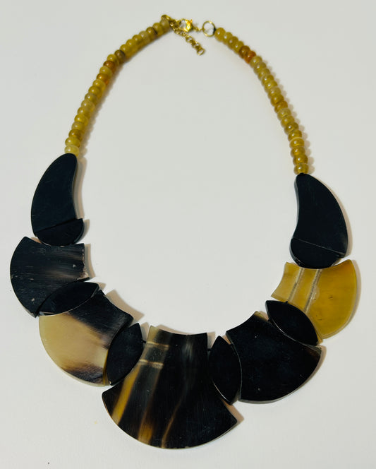Vintage Natural Horn Statement Necklace with Graduated Beads and Geometric Fan Pendants – Tribal Boho Style