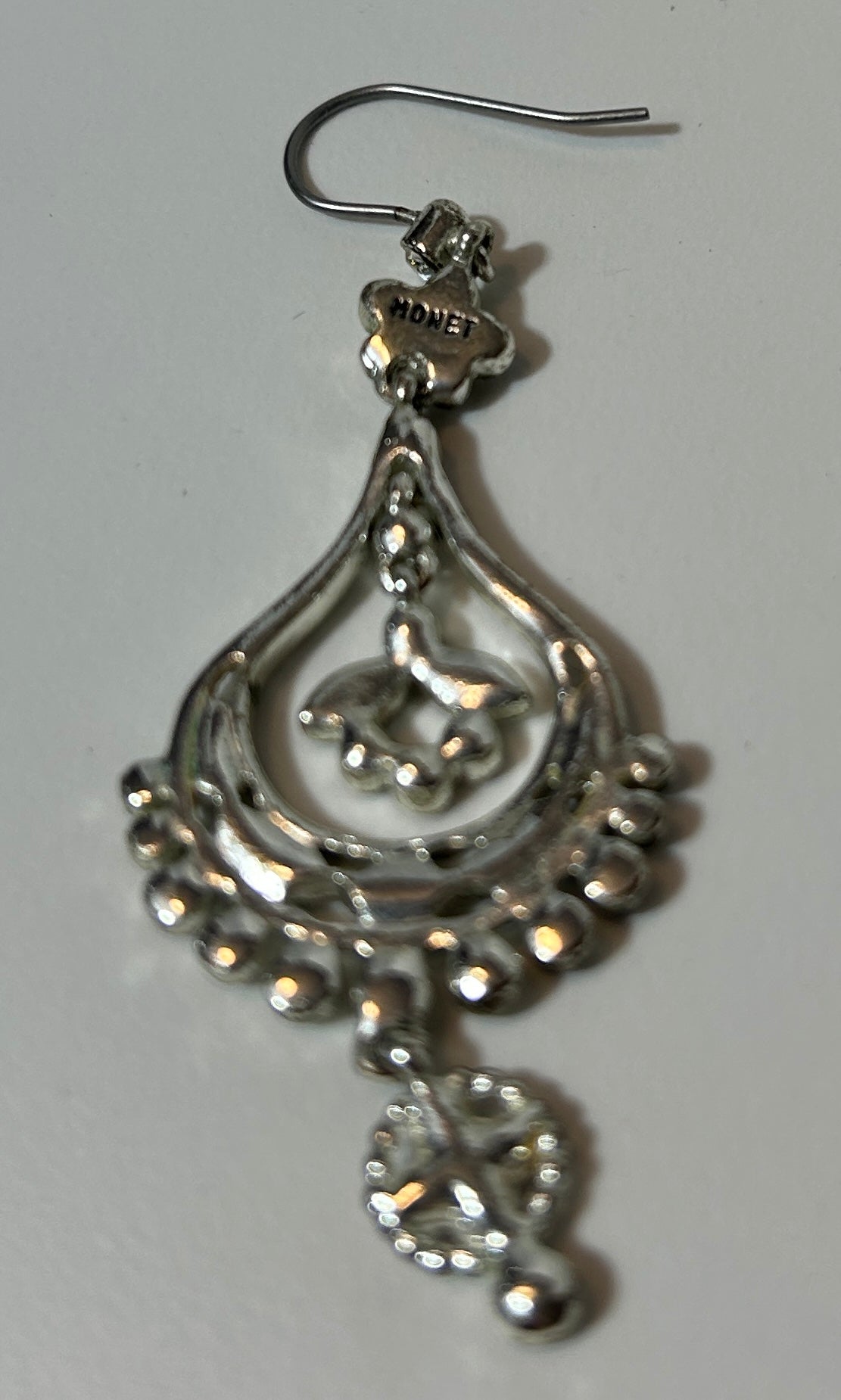 Vintage Monet Silver-Tone Filigree Dangle Earrings with Rhinestones – Art Deco Style