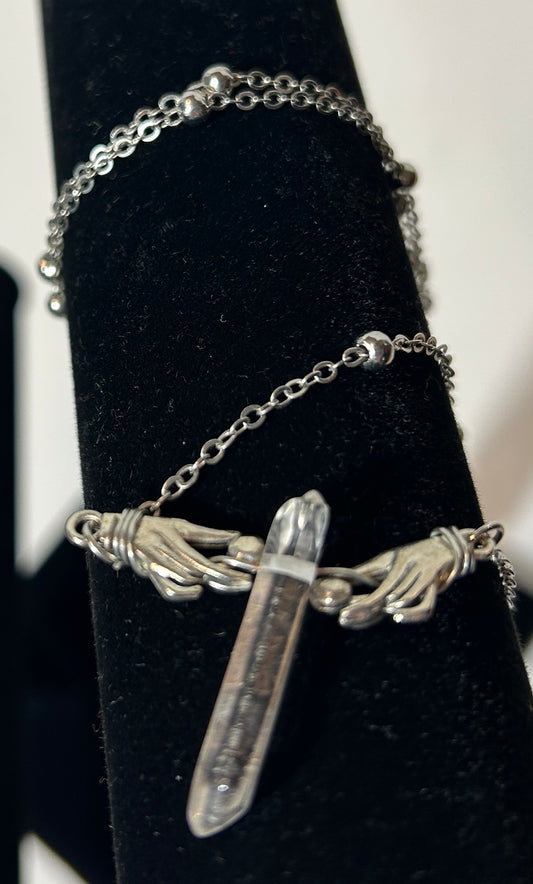 Boho Gothic Quartz Crystal Necklace with Silver Hand Clasp and Ball Bead Chain