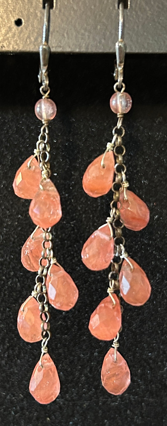 Handmade Boho Dangle Earrings with Faceted Pink Quartz Briolettes on Antiqued Brass Chain