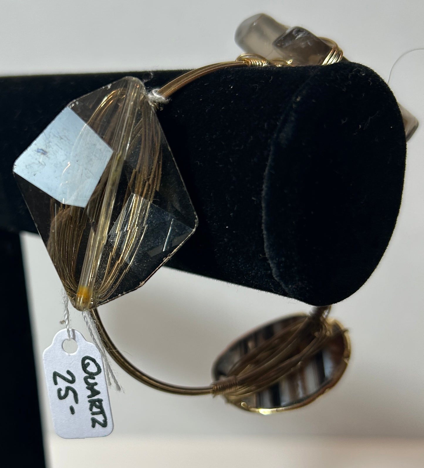 Handmade Wire-Wrapped Quartz & Agate Bangle Bracelet – Natural Crystal Statement Jewelry