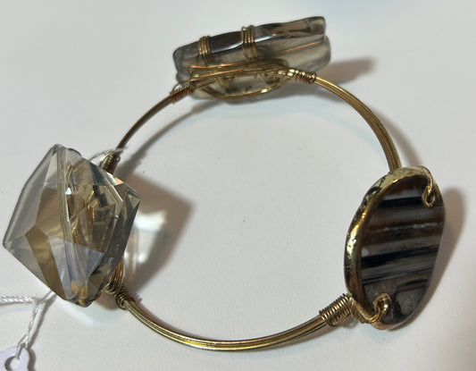 Handmade Wire-Wrapped Quartz & Agate Bangle Bracelet – Natural Crystal Statement Jewelry