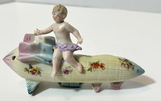 Rare Vintage Porcelain Cherub on Floral Rocket Ship Figurine – Mid-Century Planter