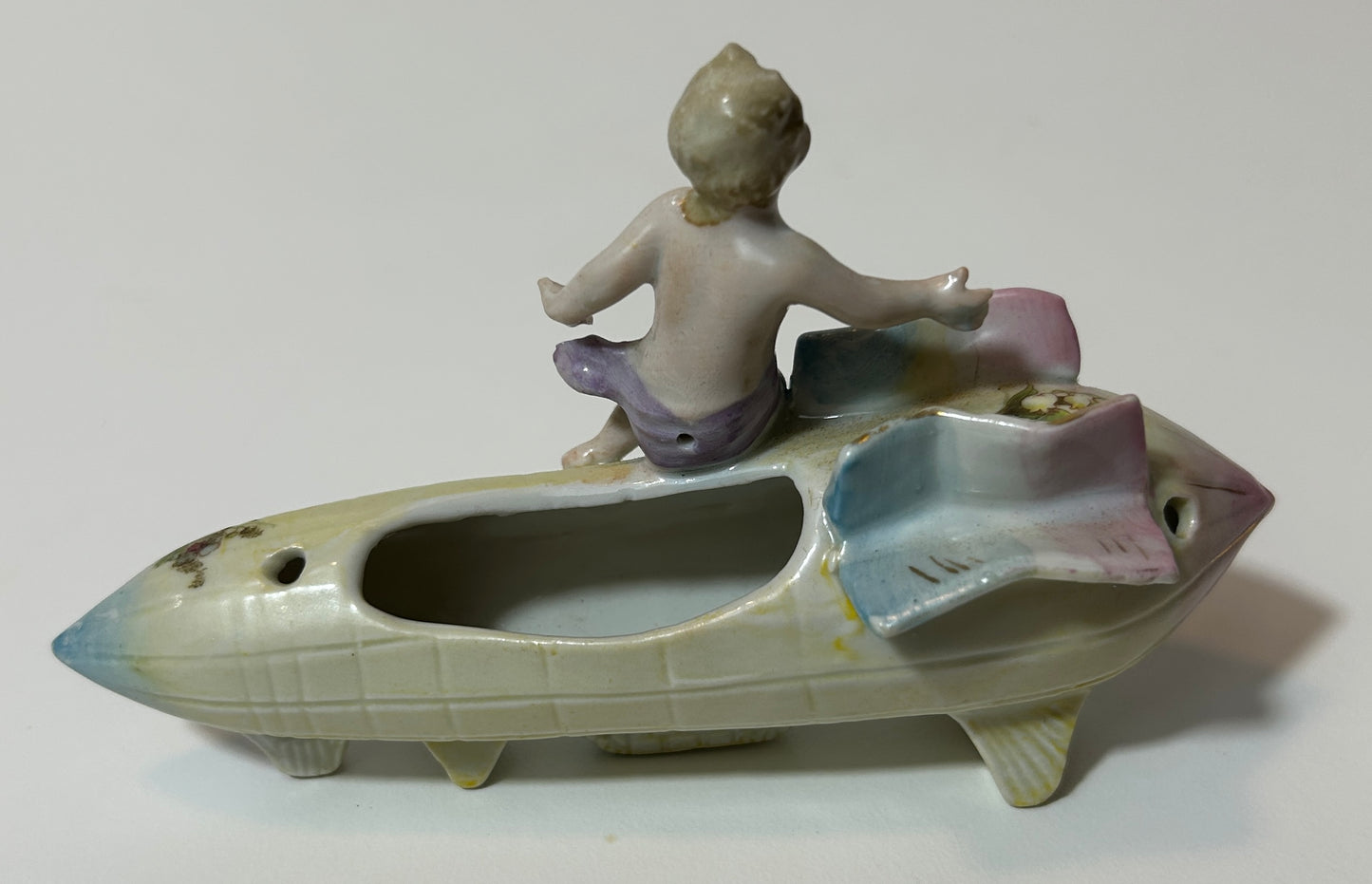 Rare Vintage Porcelain Cherub on Floral Rocket Ship Figurine – Mid-Century Planter