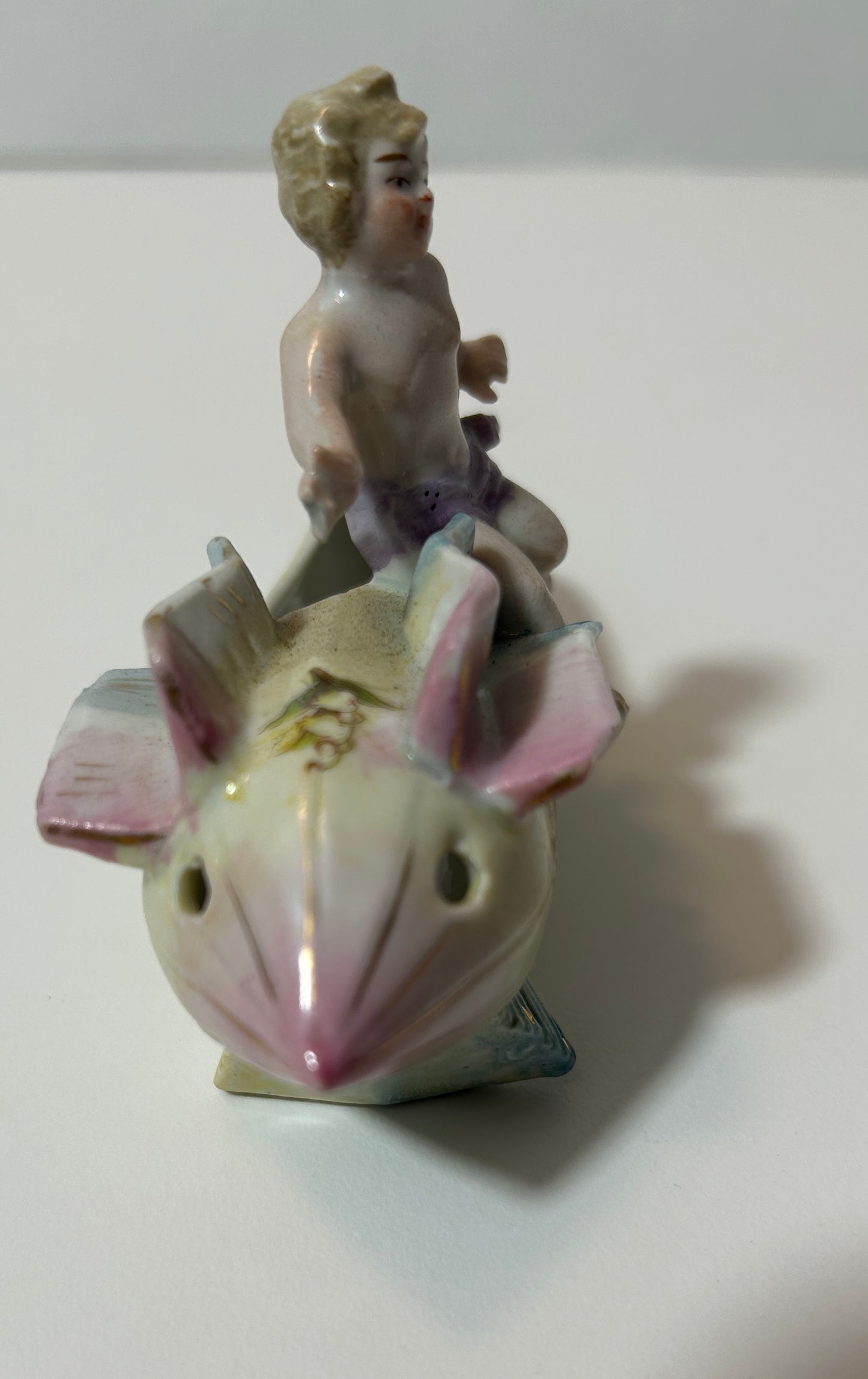 Rare Vintage Porcelain Cherub on Floral Rocket Ship Figurine – Mid-Century Planter